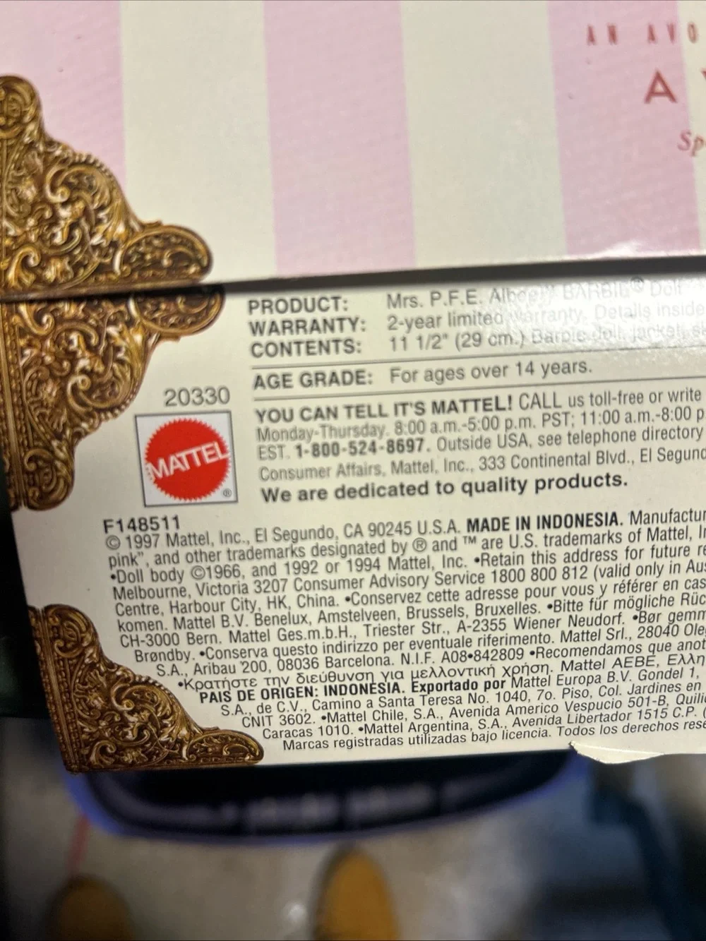1997 Avon Mrs. P.F.E. Albee Barbie Doll - Pink & Cream